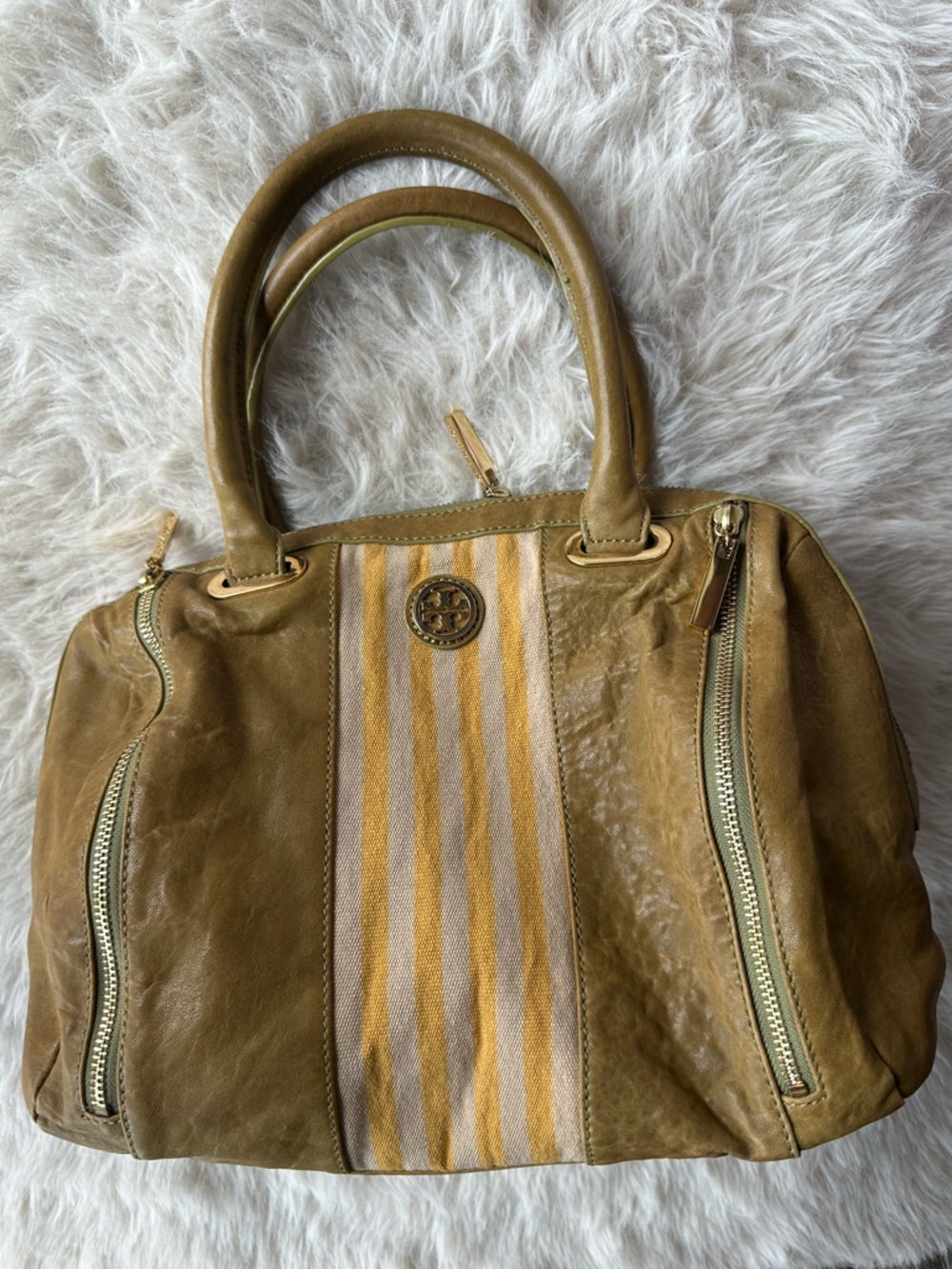 Tory Burch Matilda green tea .. Yellow Striped Leather Satchel bag - Picture 9 of 10